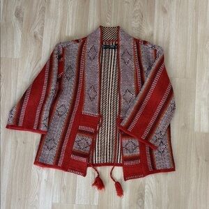 Anthropologie Stone Row Red and White Patterned Cardigan
